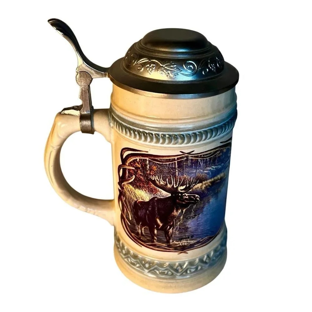 Vtg GERZ Germany Pewter Lidded Stein Features Moose Artwork By James A. Meager